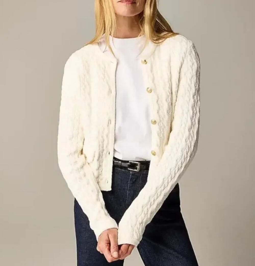 J.Crew Odette cable-knit sweater lady jacket in cotton-blend bouclé White CB891